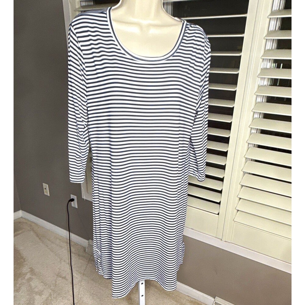 LuluB Dress WhiteNavy Striped Scoop Neck 3/4 Sleeve Knee Length LG